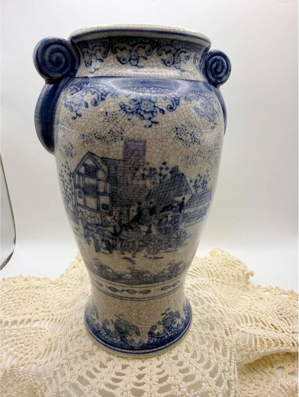 Asian Chinese Crackle Ginger Vase Blue & White Carriage Horse Landscape 8”